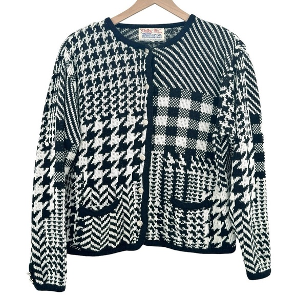 Vintage Sweaters - Vintage Tally Ho Boxy Cardigan Sweater Black White Houndstooth Chevron Buttons M
